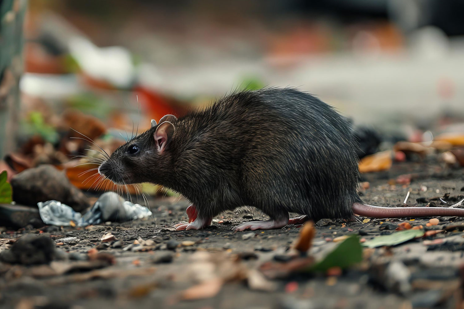 Ratto in area urbana tra foglie e rifiuti - Servizio di derattizzazione